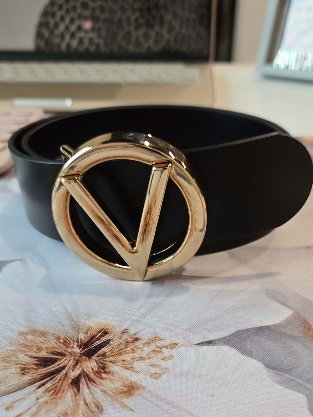 Designer-Inspired Gold V Buckle Black Leather Belt